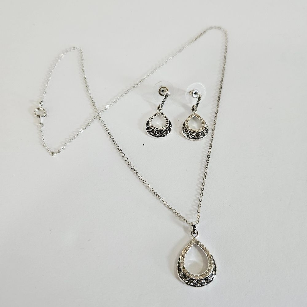 Vintage Demi Parure LA Signed Marcasite Rhinestone Teardrop Necklace Earrings